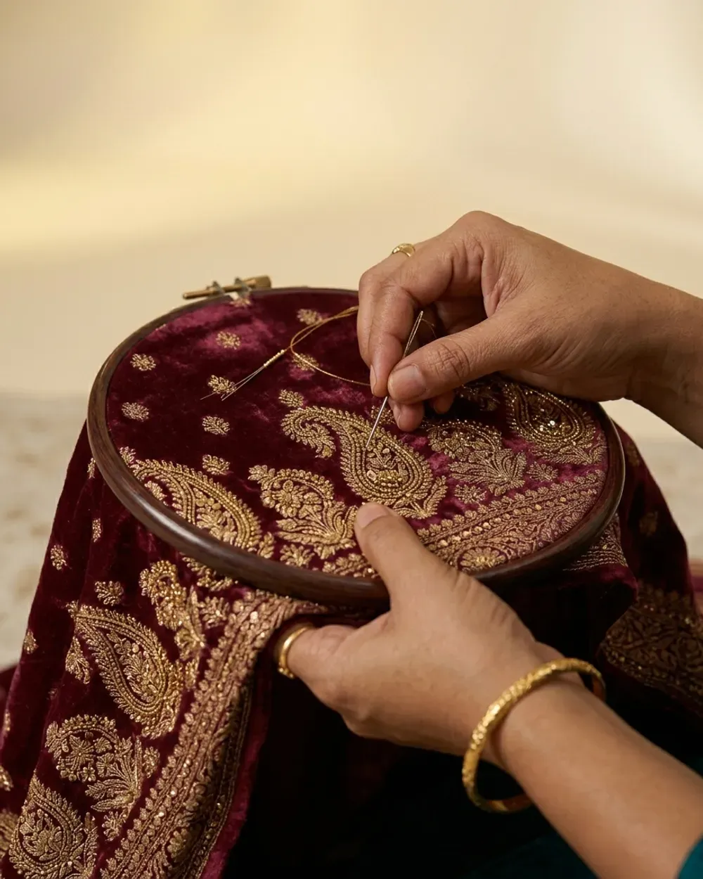 Close-up of hand embroidery and needlework at Maansi Boutique